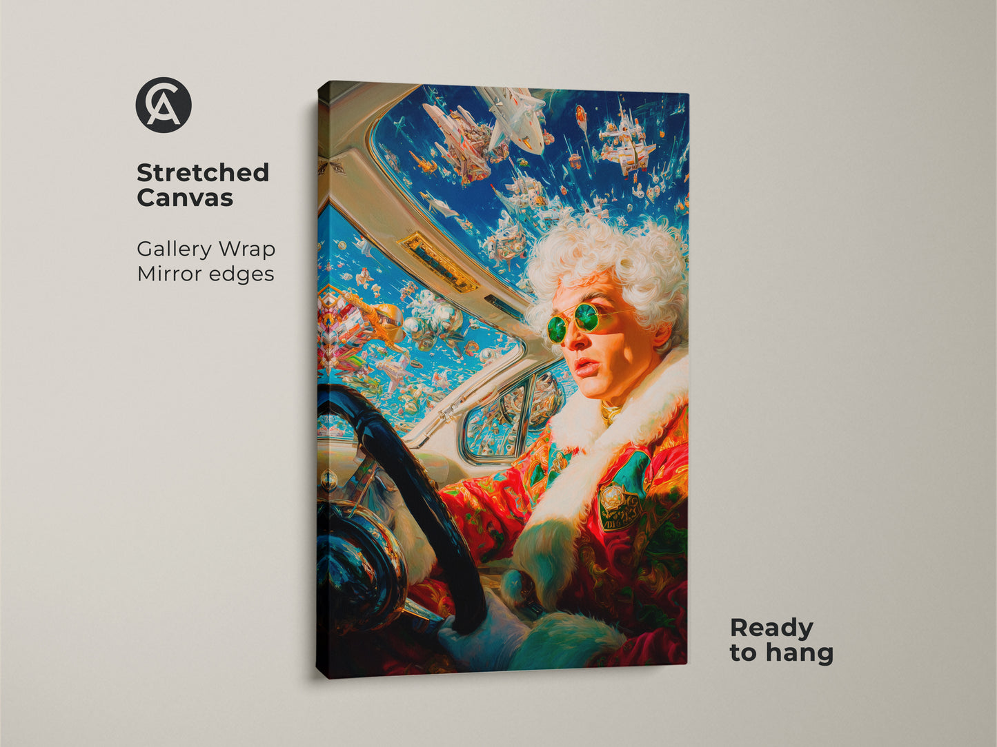 This artwork is available as a stretched canvas print. The gallery wrap and mirror edges create a clean modern look. The artwork features a quirky driver surrounded by flying objects. Ready to hang and enjoy in your home or office.