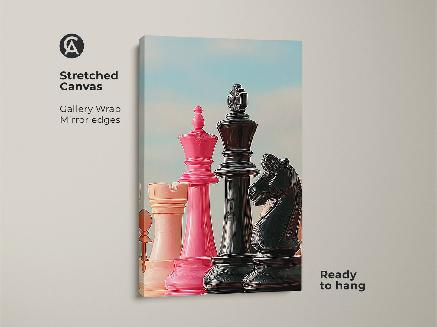 Stretched canvas art showing pink King Queen strategy. Black Knight art makes a compelling statement piece. Gallery wrap with mirror edges. Ready to hang. Perfect wall art for game rooms or office desk wall decor. A great gift for chess enthusiasts.