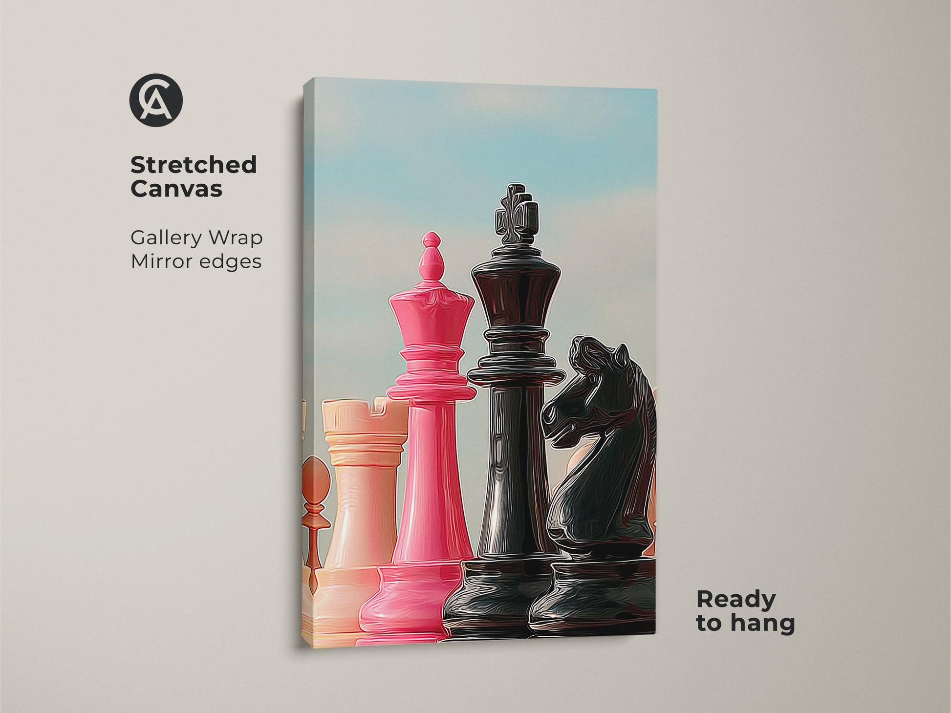 Stretched canvas art showing pink King Queen strategy. Black Knight art makes a compelling statement piece. Gallery wrap with mirror edges. Ready to hang. Perfect wall art for game rooms or office desk wall decor. A great gift for chess enthusiasts.