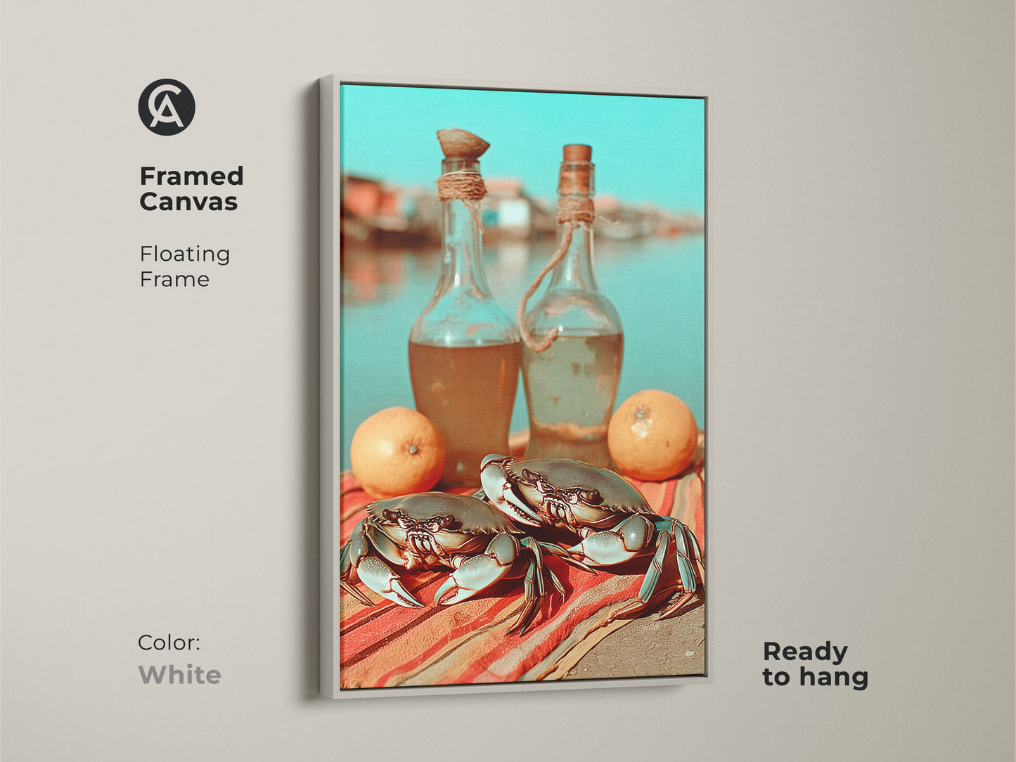 The coastal crab and lemon folk art print is on a white framed canvas. Enhance your boho kitchen with unique seafood wall art. It is a perfect foodie housewarming gift. The vibrant orange red turquoise adds coastal charm. Ready to hang for easy decoration.