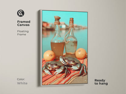 The coastal crab and lemon folk art print is on a white framed canvas. Enhance your boho kitchen with unique seafood wall art. It is a perfect foodie housewarming gift. The vibrant orange red turquoise adds coastal charm. Ready to hang for easy decoration.