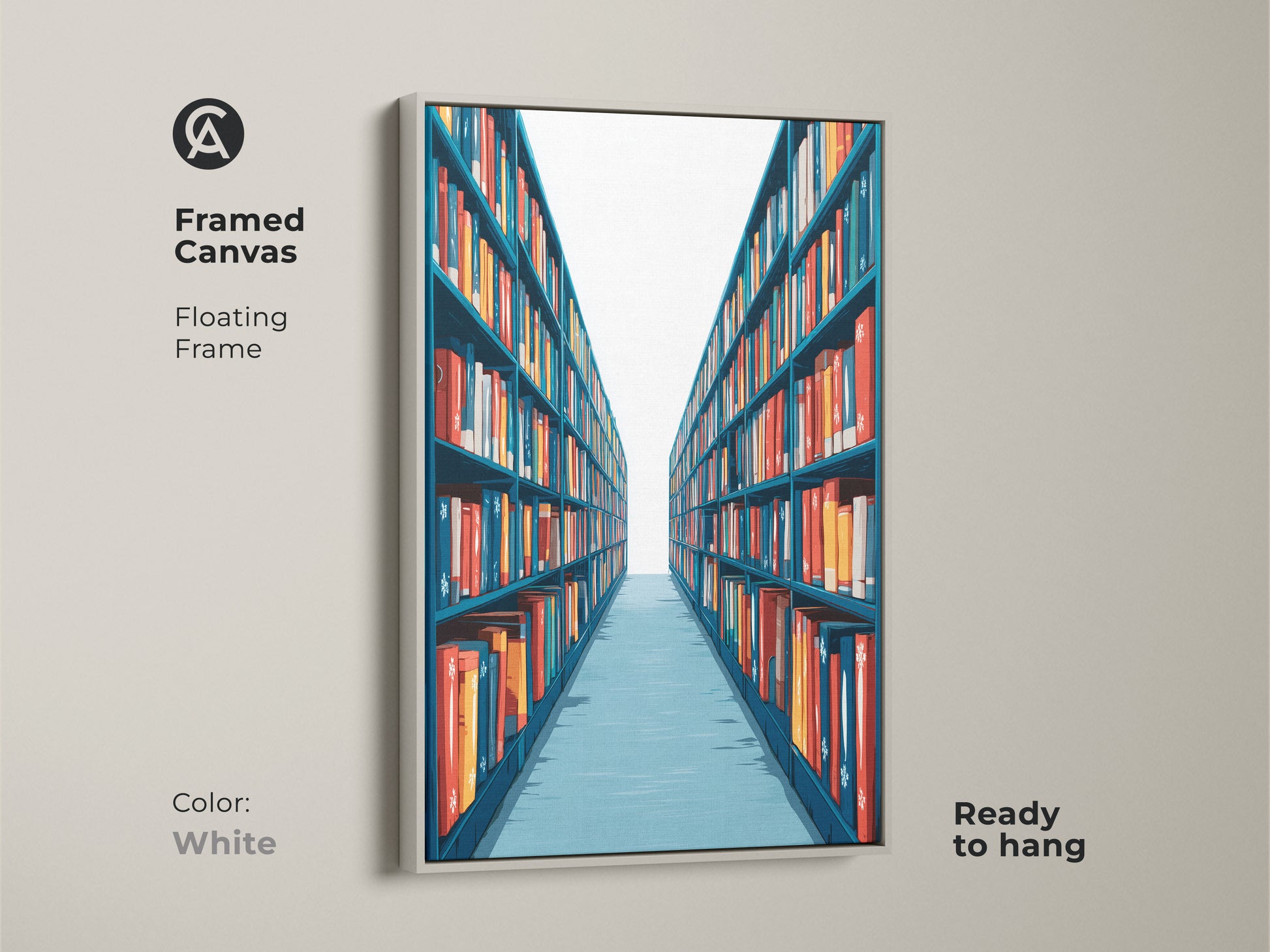 Framed Canvas showcasing a Library Bookshelf with a floating white frame. This contemporary artwork brings a modern aesthetic to any space. The teal and red books create a vibrant and bookish focal point.