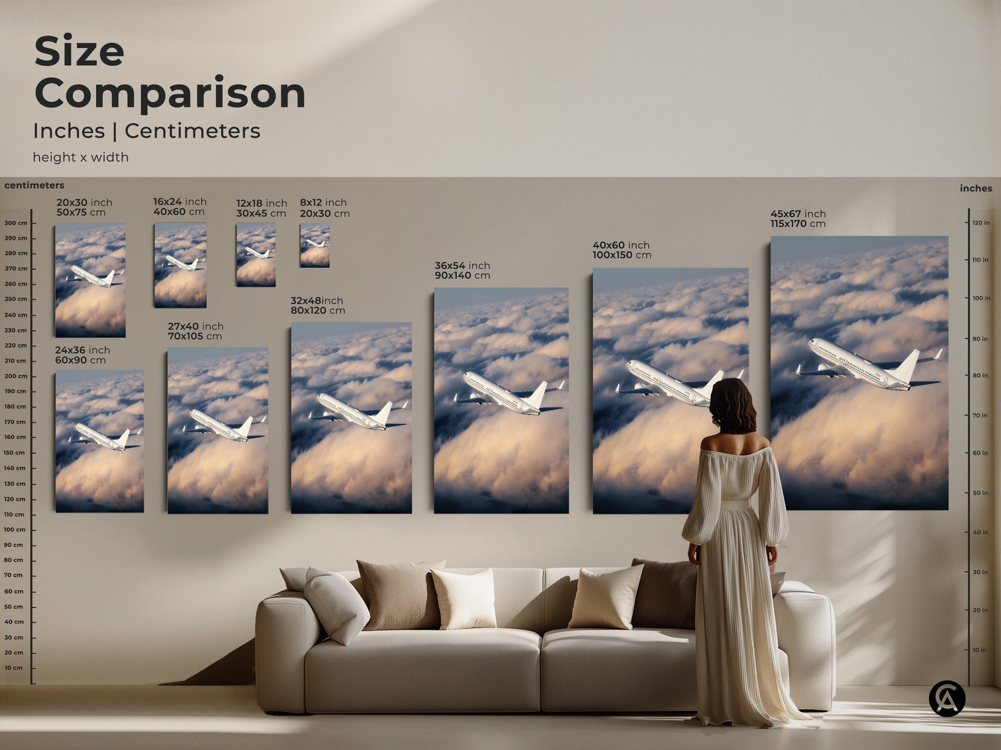 Size comparison of modern airplane artwork in inches and centimeters. See how canvas prints fit above a sofa. Visualize different sizes for aviation photography in your office or home. Find the perfect dimensions to enhance your space with this travel inspired art.