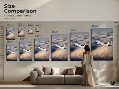 Size comparison of modern airplane artwork in inches and centimeters. See how canvas prints fit above a sofa. Visualize different sizes for aviation photography in your office or home. Find the perfect dimensions to enhance your space with this travel inspired art.