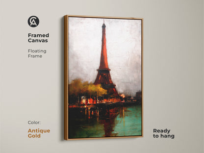 Eiffel Tower art displayed in an antique gold floating frame. This framed canvas print is ready to hang. An Impressionist Parisian cityscape art perfect as a housewarming gift for Francophiles.