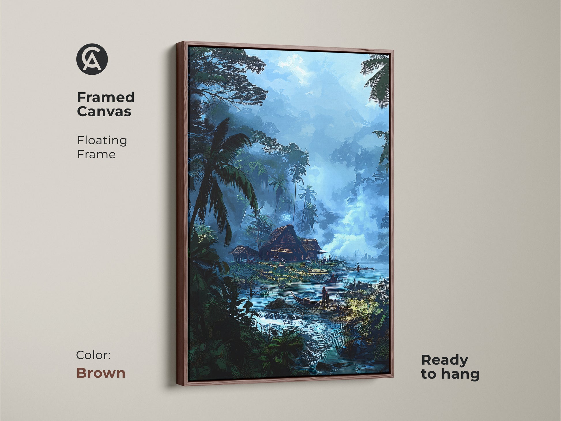 Brown framed canvas art showcases a tropical village. This ready-to-hang decor features deep blue and emerald green hues. The artwork includes huts and canoes. A bohemian landscape print for travel lovers.
