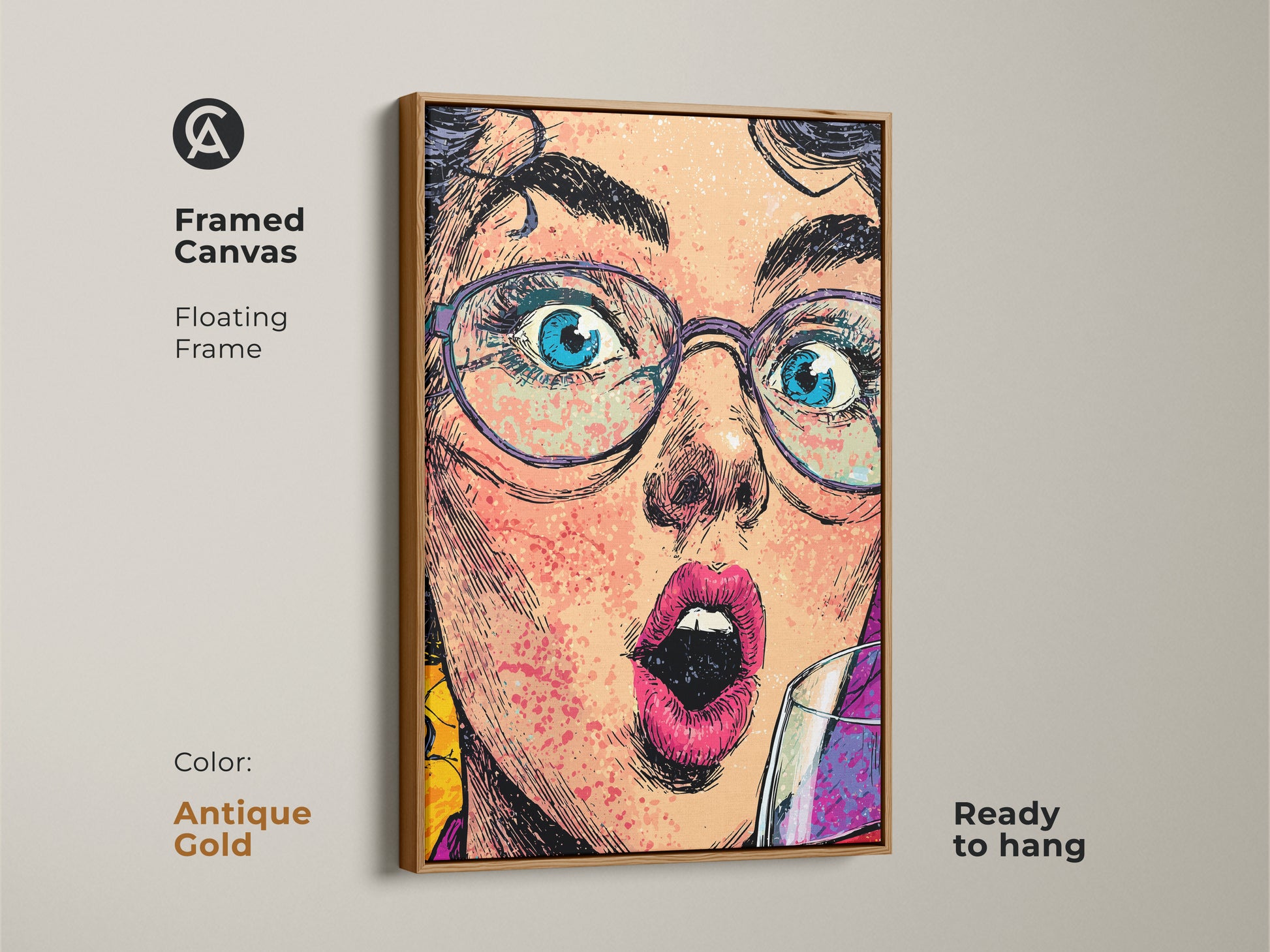 A framed canvas of a pop artwork woman with a floating antique gold frame. The art piece is ready to hang. It adds a modern touch to any room decor. The artwork features a wine glass. It's a unique and expressive portrait canvas for office or home.