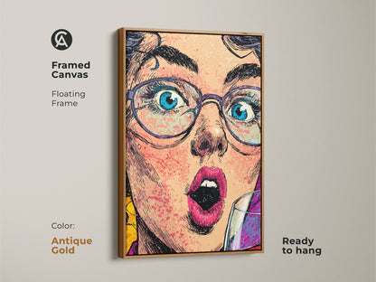 A framed canvas of a pop artwork woman with a floating antique gold frame. The art piece is ready to hang. It adds a modern touch to any room decor. The artwork features a wine glass. It's a unique and expressive portrait canvas for office or home.