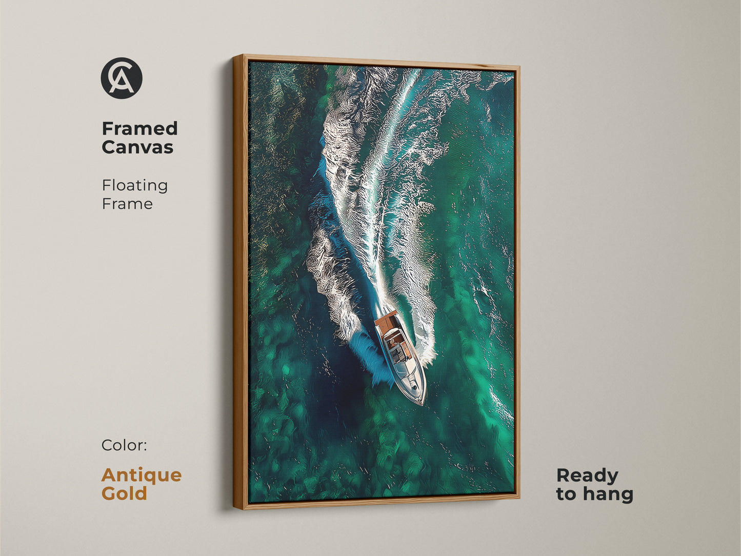 Framed canvas with an antique gold floating frame displaying emerald ocean waves and a speedboat. Ready to hang this aerial view canvas art brings a coastal feel. An ideal gift for captain or boating enthusiasts.