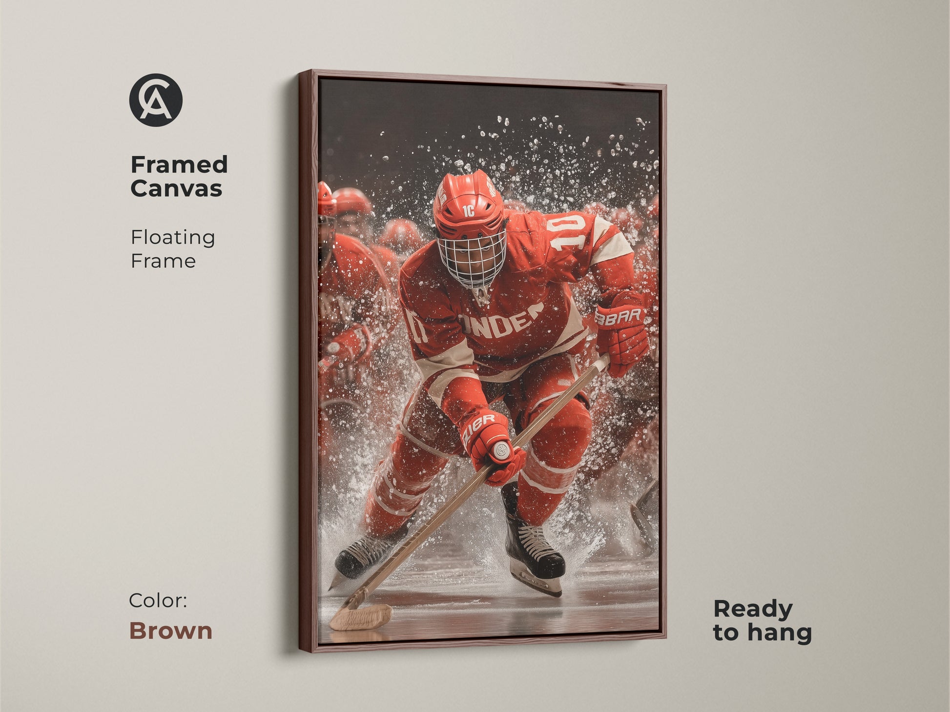 A framed canvas showcasing a dynamic hockey player artwork. The brown floating frame enhances the red and white color. Ideal sports decor brings action to any room. Ready to hang this piece is perfect for a man cave or home office.