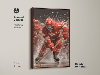 A framed canvas showcasing a dynamic hockey player artwork. The brown floating frame enhances the red and white color. Ideal sports decor brings action to any room. Ready to hang this piece is perfect for a man cave or home office.