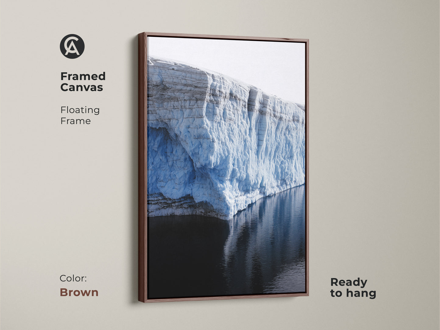 Brown framed canvas with a floating frame. The ice blue glacier is an arctic landscape wall decor. Minimalist nature photography print. Modern home decor art is ready to hang.