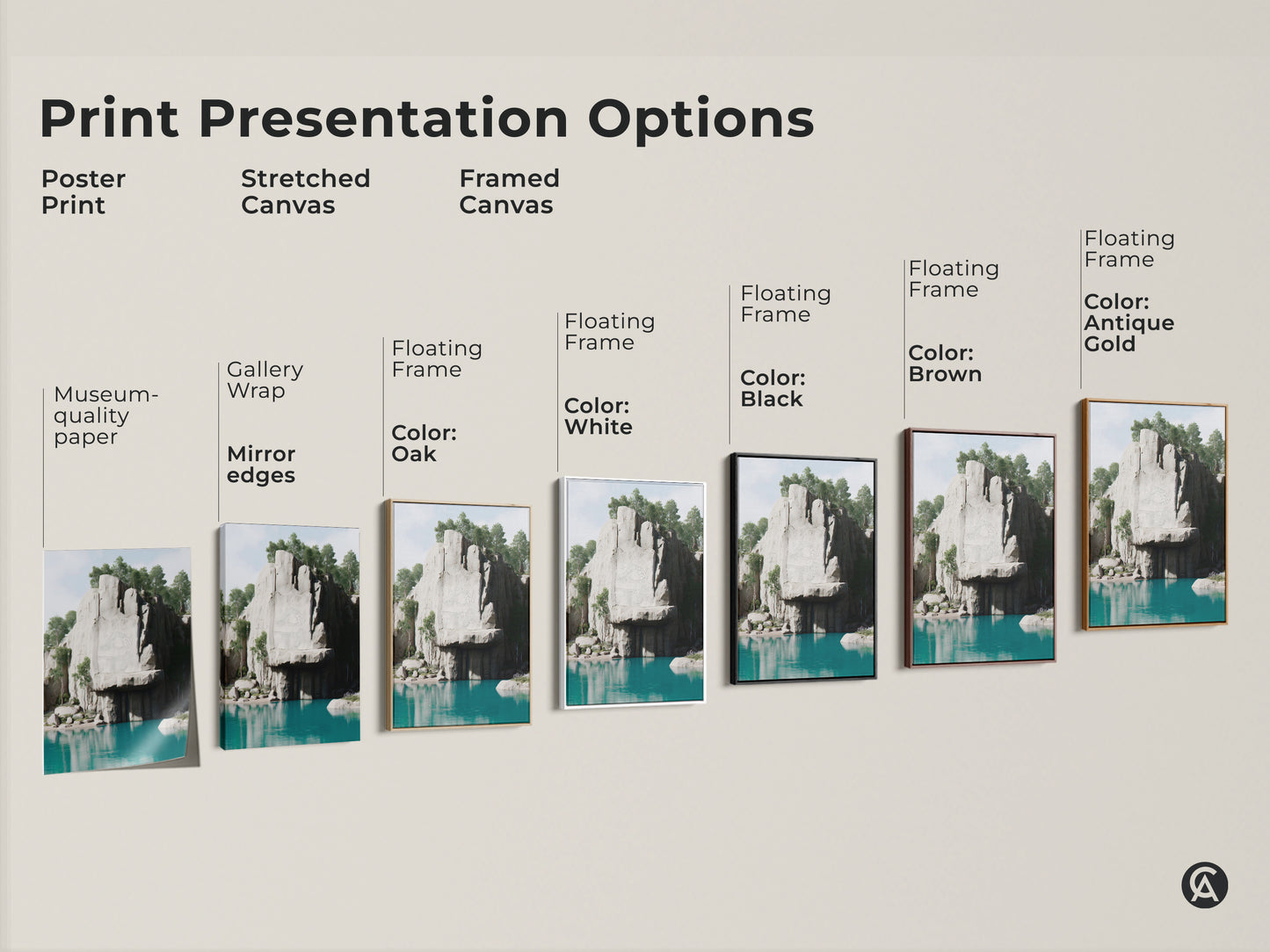 Print presentation options showcasing various formats. Poster print stretched canvas and framed canvas. Each features the teal lake and cliff artwork. Choose the perfect style.