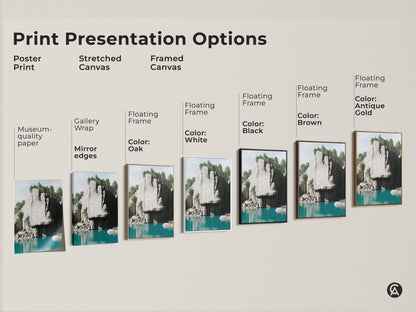 Print presentation options showcasing various formats. Poster print stretched canvas and framed canvas. Each features the teal lake and cliff artwork. Choose the perfect style.