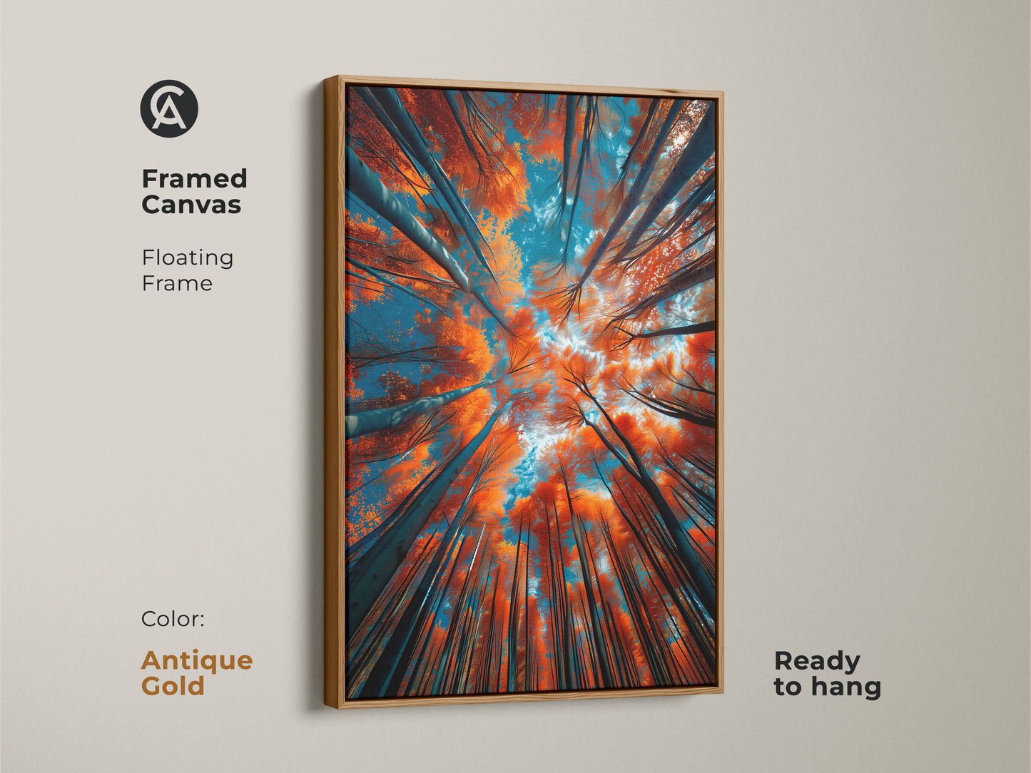 A framed canvas artwork with an antique gold floating frame. The art shows tall trees from a unique perspective. The orange leaves and blue sky are eye-catching. This ready-to-hang art adds luxury to your home. Shop now