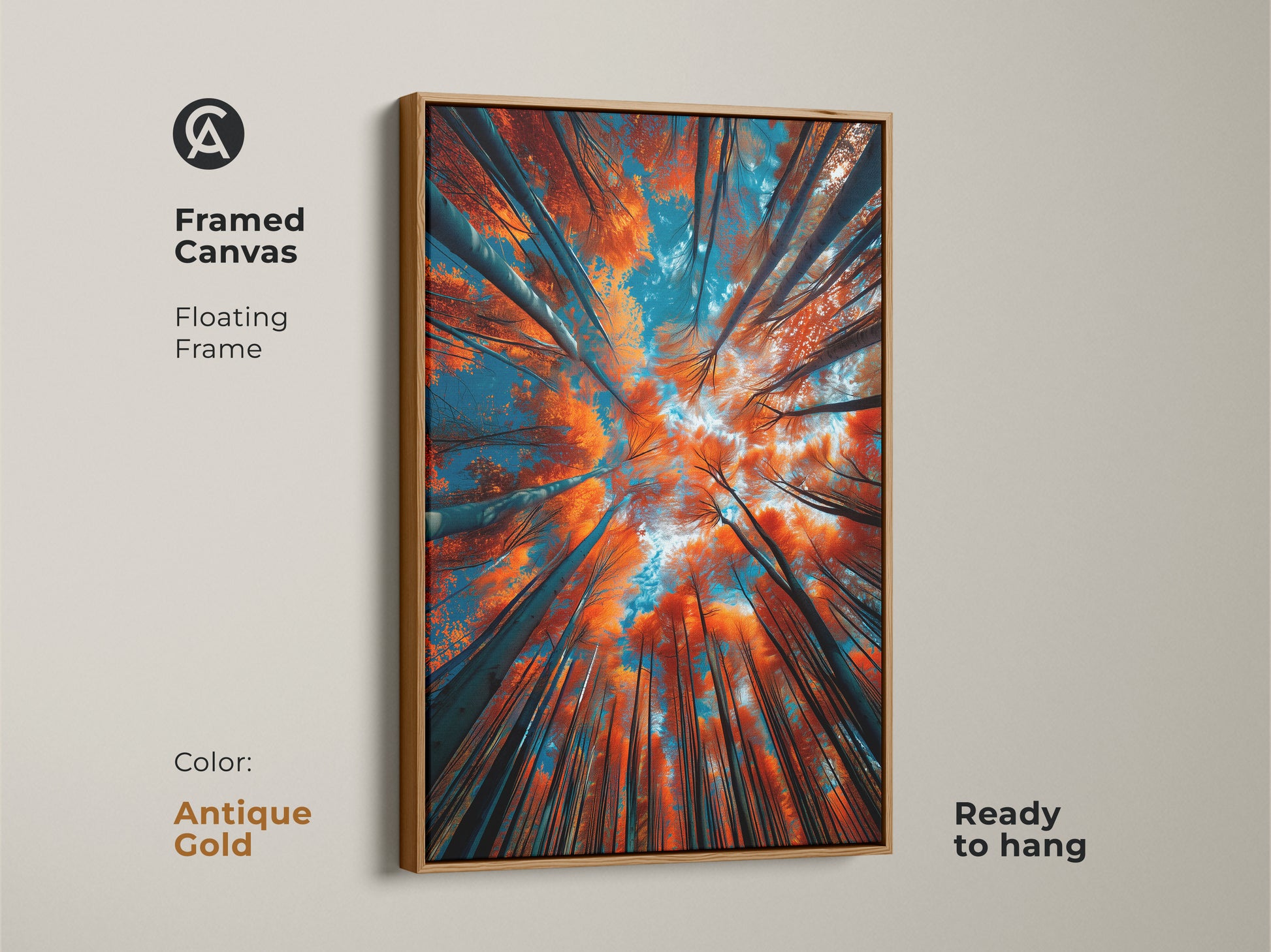 A framed canvas artwork with an antique gold floating frame. The art shows tall trees from a unique perspective. The orange leaves and blue sky are eye-catching. This ready-to-hang art adds luxury to your home. Shop now
