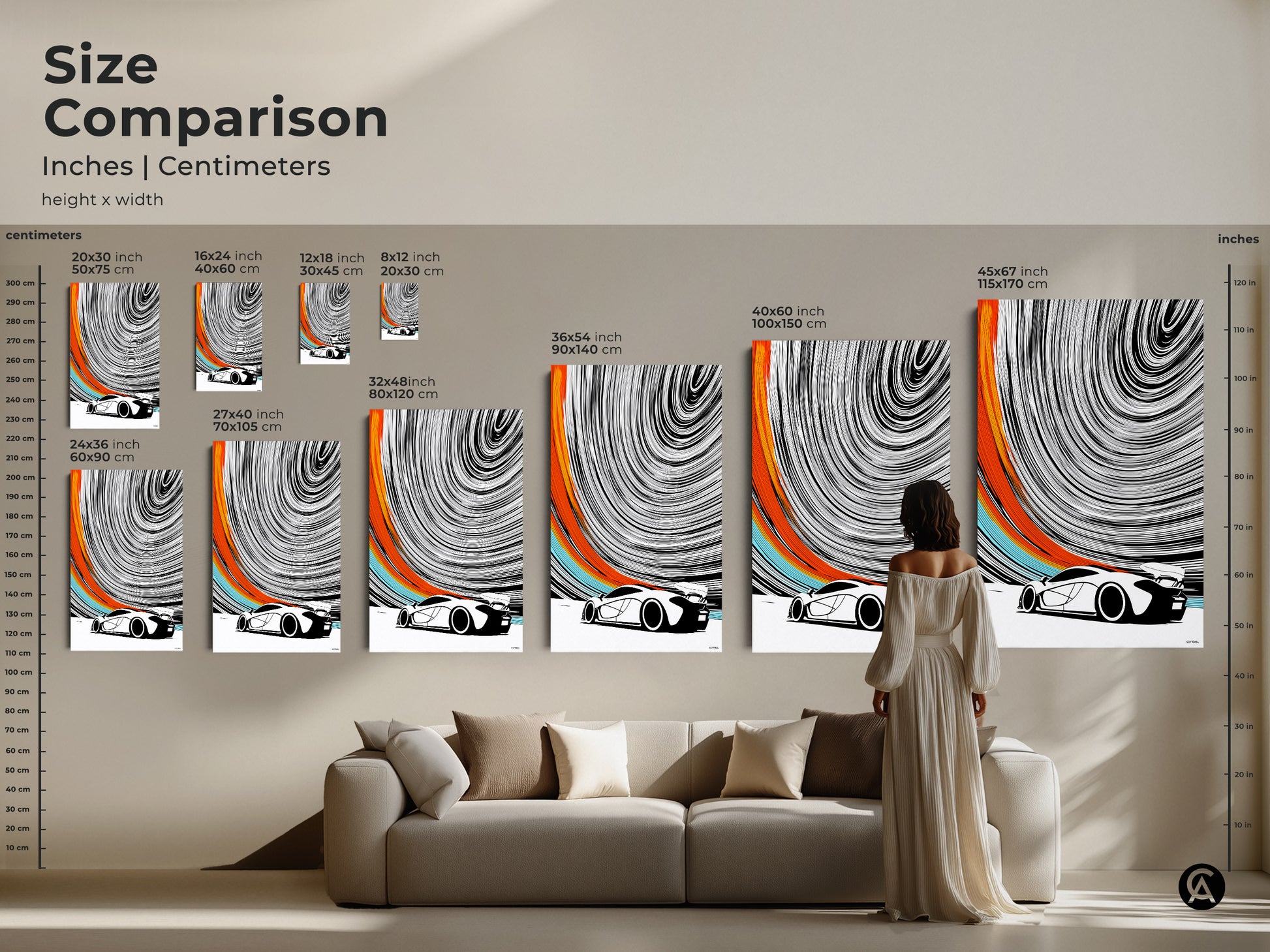 Compare sizes of this abstract sports car print in inches and centimeters. See how the artwork enhances your living space. Available as a canvas or poster this modern automotive canvas will elevate your decor. Perfect for car lovers this makes a great gift idea for any occasion.