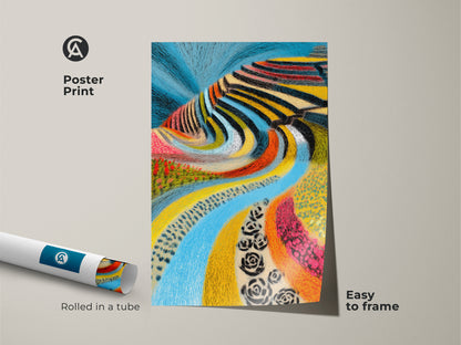 Poster print of abstract terraced fields art. This blue river landscape print is easy to frame. The colorful folk art canvas showcases an eclectic style. Enhance your home decor with this unique wall hanging. This vibrant landscape artwork adds a creative touch. Great housewarming gift.