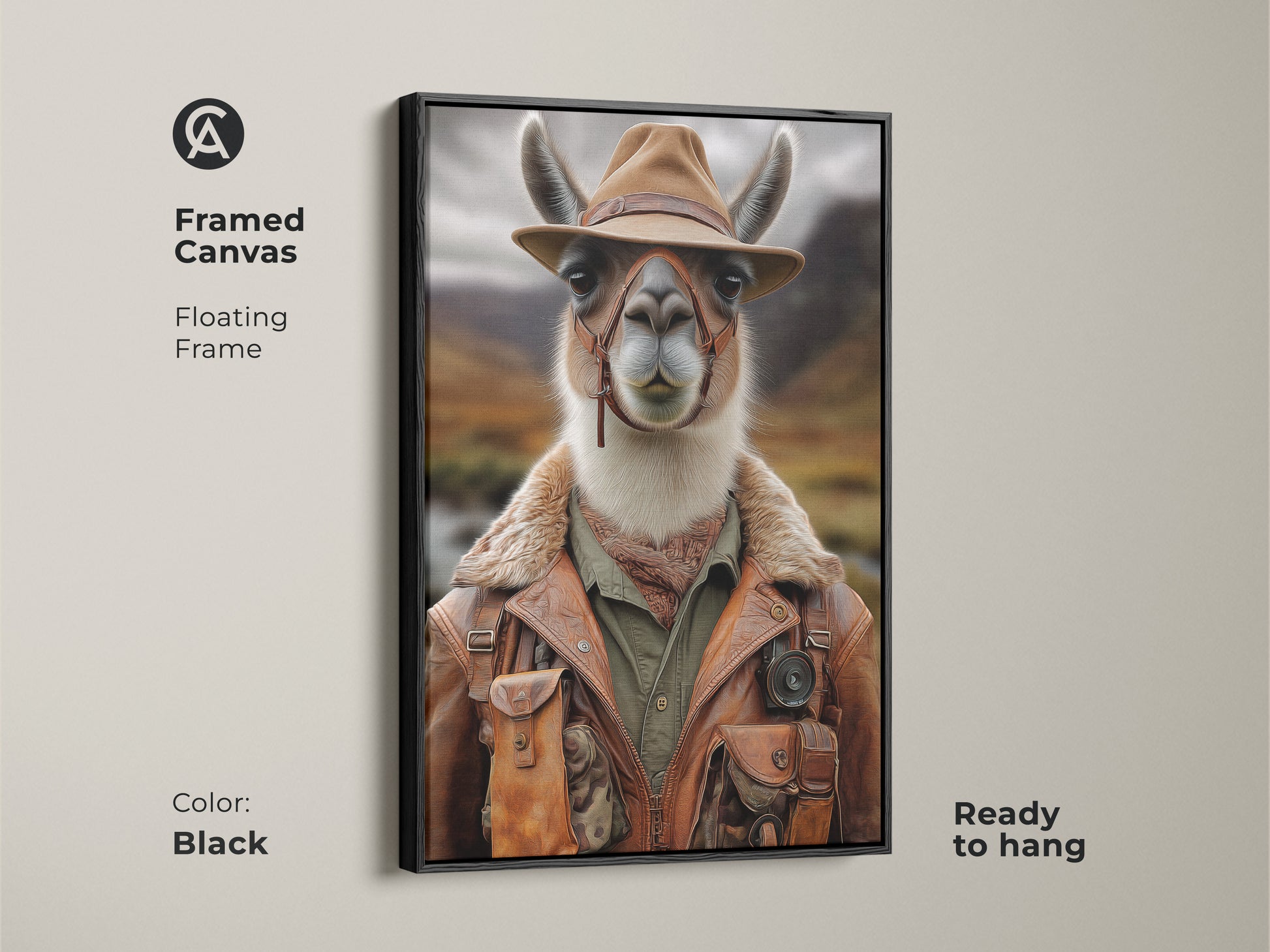 This framed canvas features a llama dressed as an explorer. The floating frame enhances the photorealistic giraffe art. Ready to hang this burnt sienna wall art is perfect for any room. The warm ochre tones of this wildlife art complements your bohemian decor.