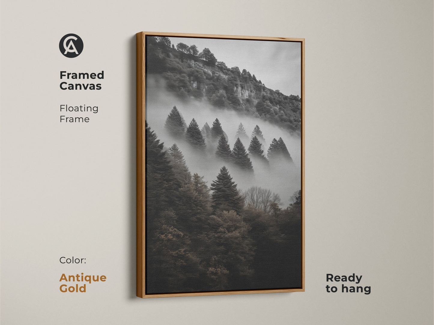 Antique gold framed canvas displaying a dark green forest. Floating frame monochrome mountain wall art. Pine trees in a foggy landscape bring nature indoors. Ready to hang modern nature art. An oversized landscape print for home or office.
