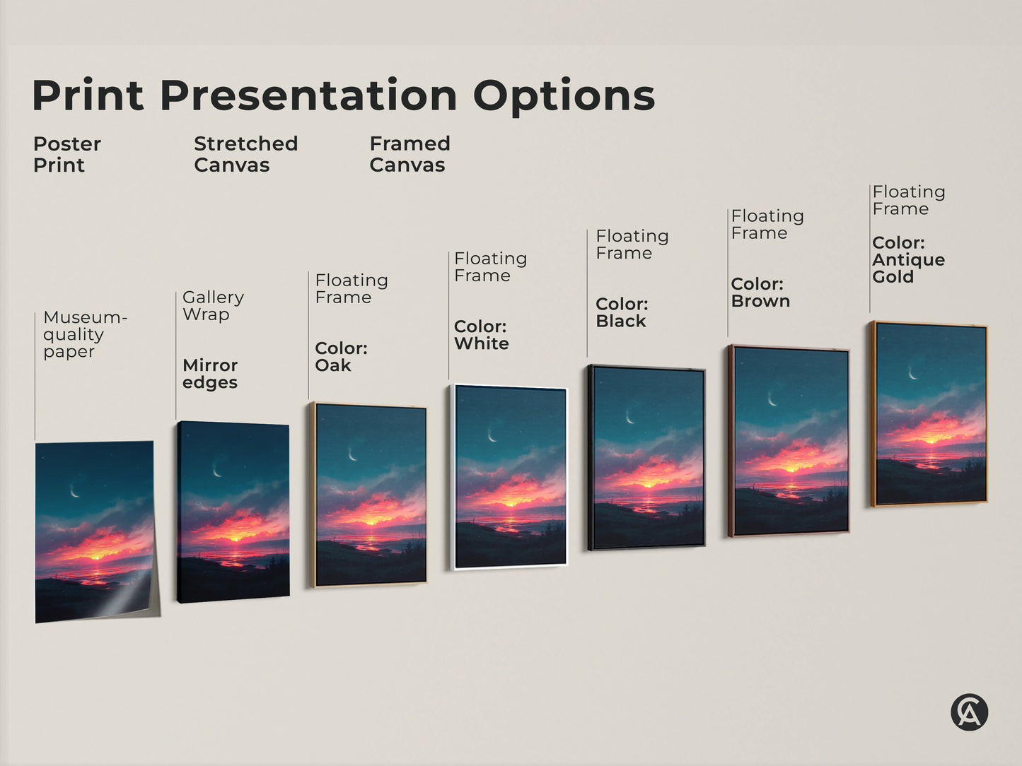 Explore our range of print presentation options. Discover the perfect format for your favorite sunset artwork. Choose from poster prints stretched canvases and framed canvases. Find the ideal style to match your decor. Transform your walls with museum-quality art.