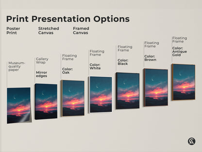 Explore our range of print presentation options. Discover the perfect format for your favorite sunset artwork. Choose from poster prints stretched canvases and framed canvases. Find the ideal style to match your decor. Transform your walls with museum-quality art.