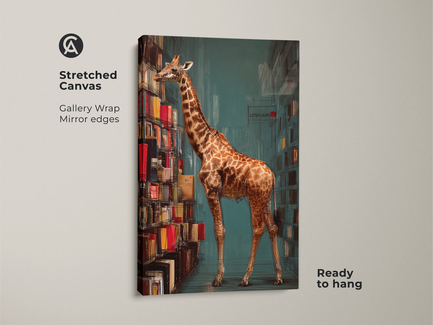 Stretched canvas art featuring a giraffe by a bookshelf. Gallery wrapped with mirror edges this surreal animal artwork is ready to hang. This eclectic home decor adds a touch of whimsy to any book lover's space.
