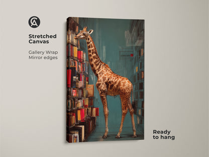 Stretched canvas art featuring a giraffe by a bookshelf. Gallery wrapped with mirror edges this surreal animal artwork is ready to hang. This eclectic home decor adds a touch of whimsy to any book lover's space.