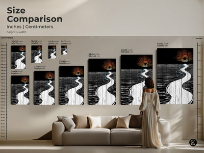 Size comparison of abstract river sunset artwork in inches and centimeters. See how this minimalist art fits above a sofa. Find the ideal scale for your contemporary home art.