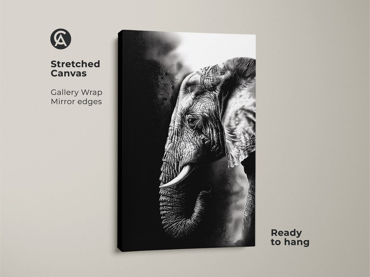 Stretched canvas of a monochrome elephant offers gallery-wrapped art. Mirror edges create a modern wildlife animal canvas. Ready to hang this black and white elephant print enhances your home. It's an ideal animal lover gift wall art.