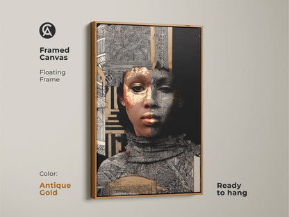Antique Gold Framed Canvas with Abstract Gold Woman Art. This Afrofuturism portrait has a floating frame and is ready to hang. The eclectic mixed media artwork features black white and gold geometric patterns for a modern aesthetic.