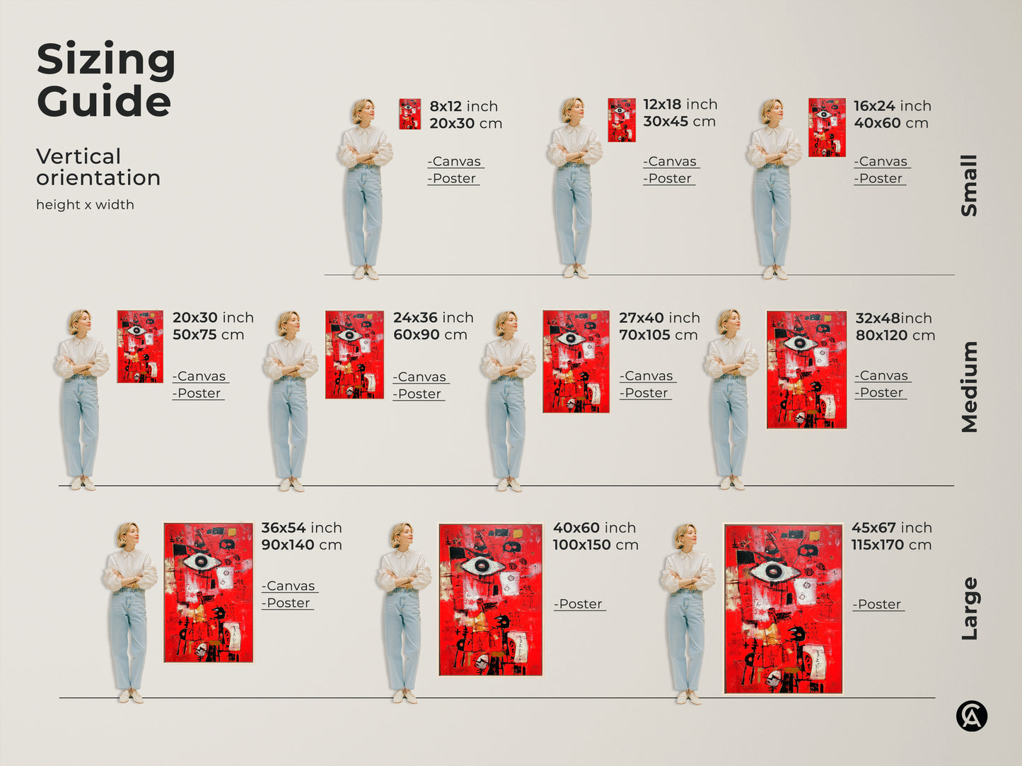Sizing guide for vertical abstract art prints. Visualize canvas and poster sizes with a model. Choose from small medium and large sizes. Find the perfect fit for your wall art. Transform your home with modern artwork.