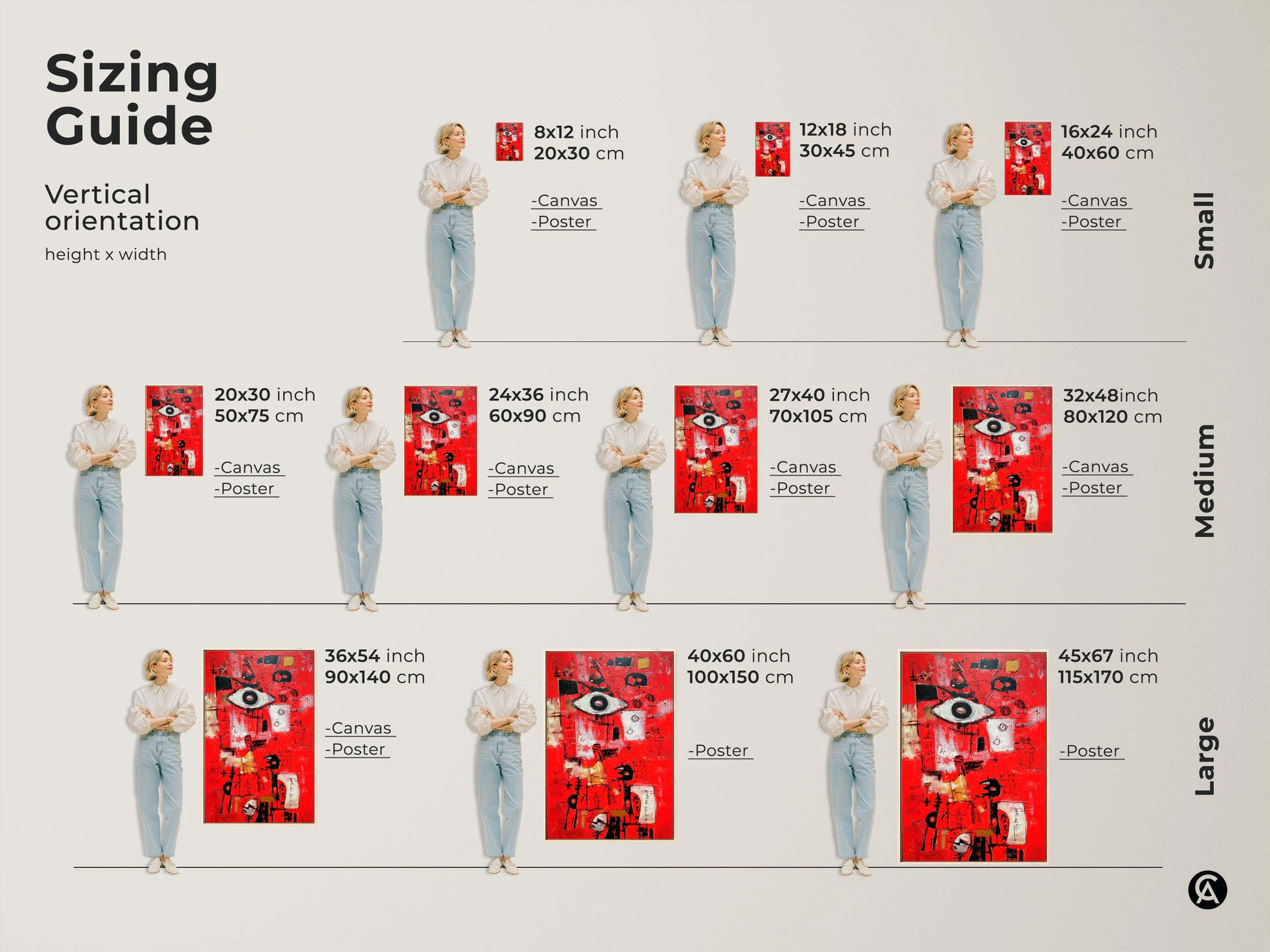 Sizing guide for vertical abstract art prints. Visualize canvas and poster sizes with a model. Choose from small medium and large sizes. Find the perfect fit for your wall art. Transform your home with modern artwork.