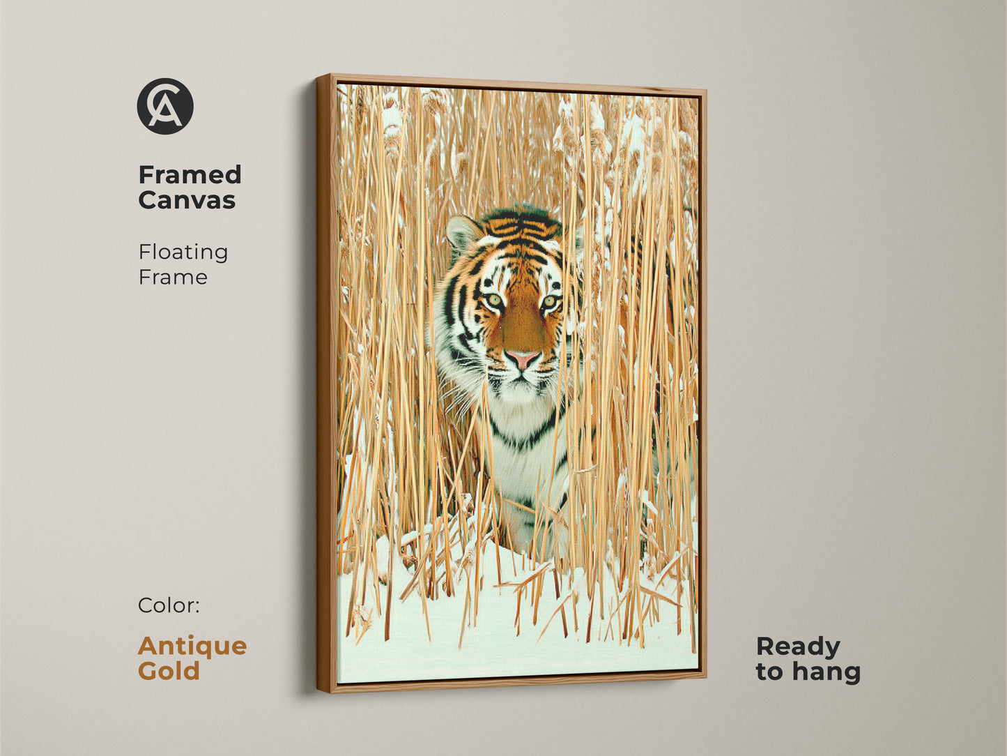 Framed canvas with an antique gold floating frame features tiger in winter reeds. Ready to hang wildlife art offers a rustic touch. The realistic tiger print in orange brown and gold enhances decor. Perfect for a unique animal art print in any space.
