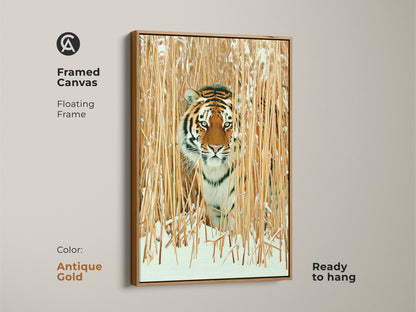 Framed canvas with an antique gold floating frame features tiger in winter reeds. Ready to hang wildlife art offers a rustic touch. The realistic tiger print in orange brown and gold enhances decor. Perfect for a unique animal art print in any space.