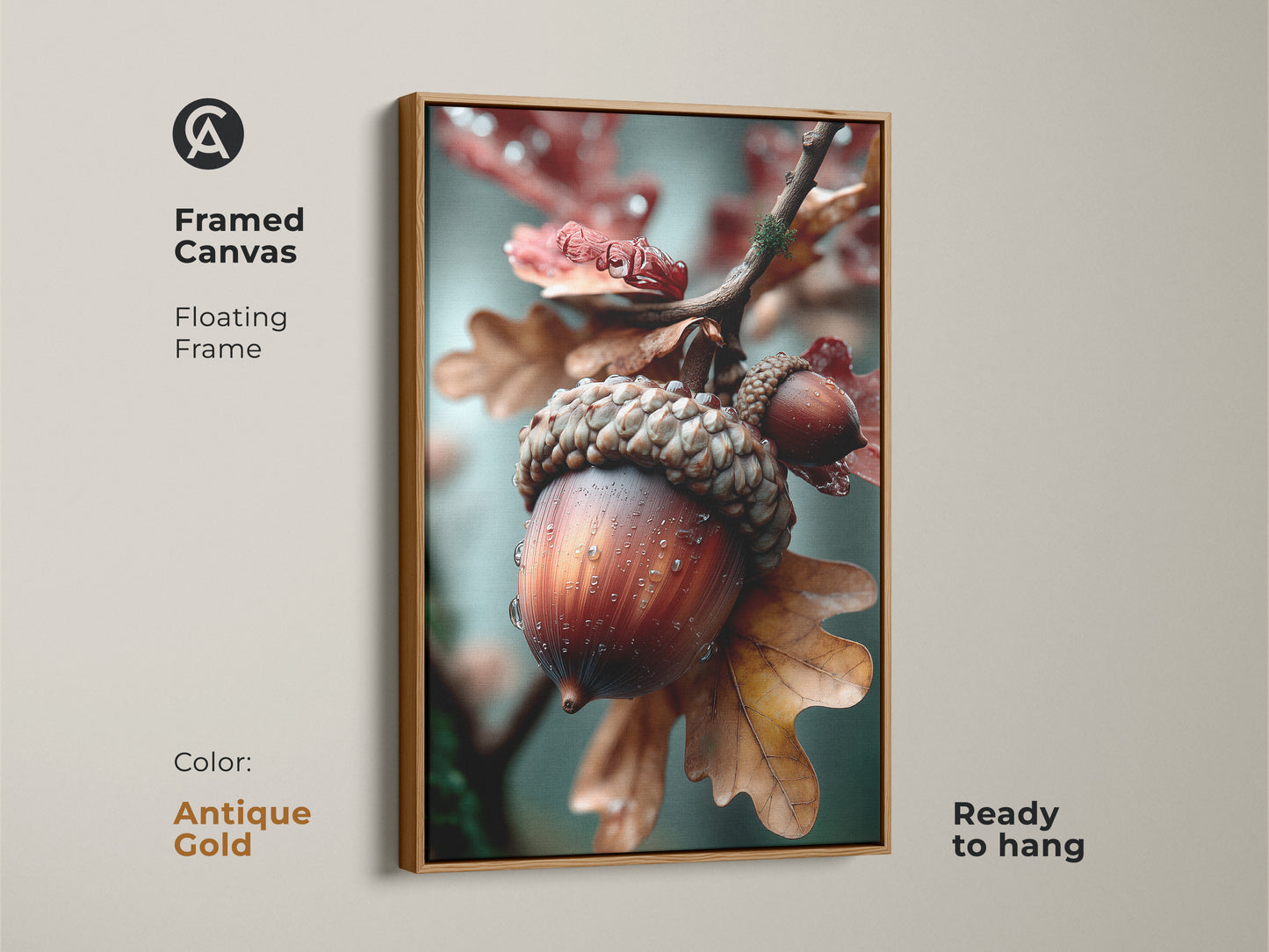 Framed canvas art with an acorn in an antique gold floating frame. This ready-to-hang artwork has a touch of elegance. The intricate details of the acorn are captured beautifully. Add a sophisticated touch to your home decor.