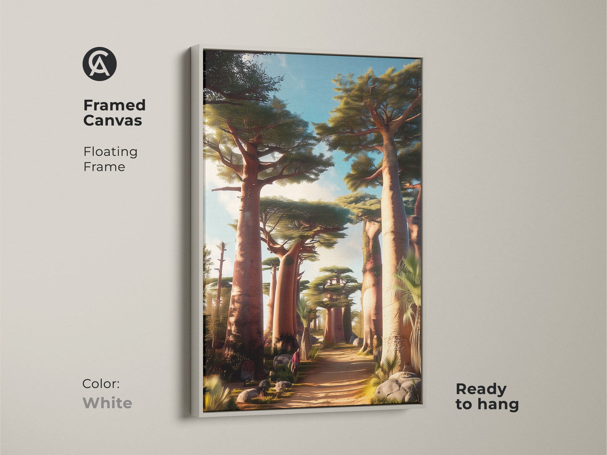 White framed canvas presents boho baobab tree art. An African savanna landscape in earthy tones is ready to hang. The green blue sky artwork offers a serene touch. A unique travel gift and botanical savanna wall art.
