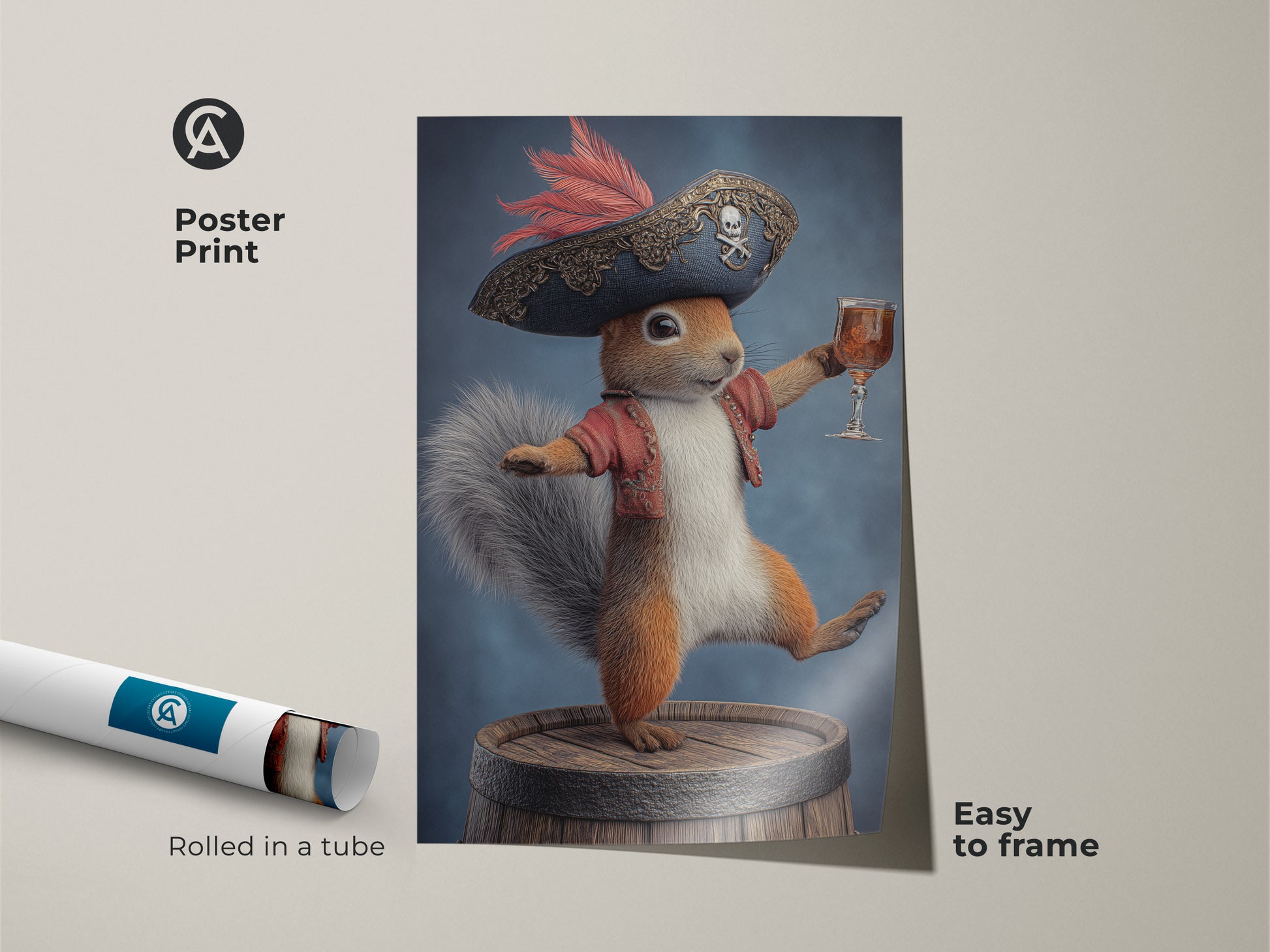 Poster print of a whimsical pirate squirrel. This fantasy animal print is easy to frame. The artwork shows a squirrel wearing a pirate hat and jacket. It stands on a barrel holding a drink. Rolled in a tube for protection. A unique and charming piece of eclectic home decor art.