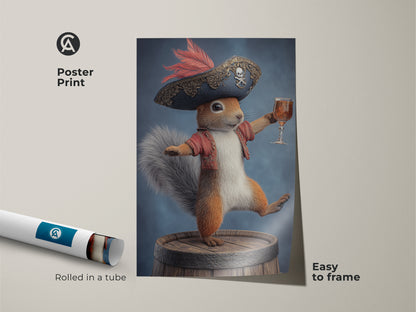 Poster print of a whimsical pirate squirrel. This fantasy animal print is easy to frame. The artwork shows a squirrel wearing a pirate hat and jacket. It stands on a barrel holding a drink. Rolled in a tube for protection. A unique and charming piece of eclectic home decor art.