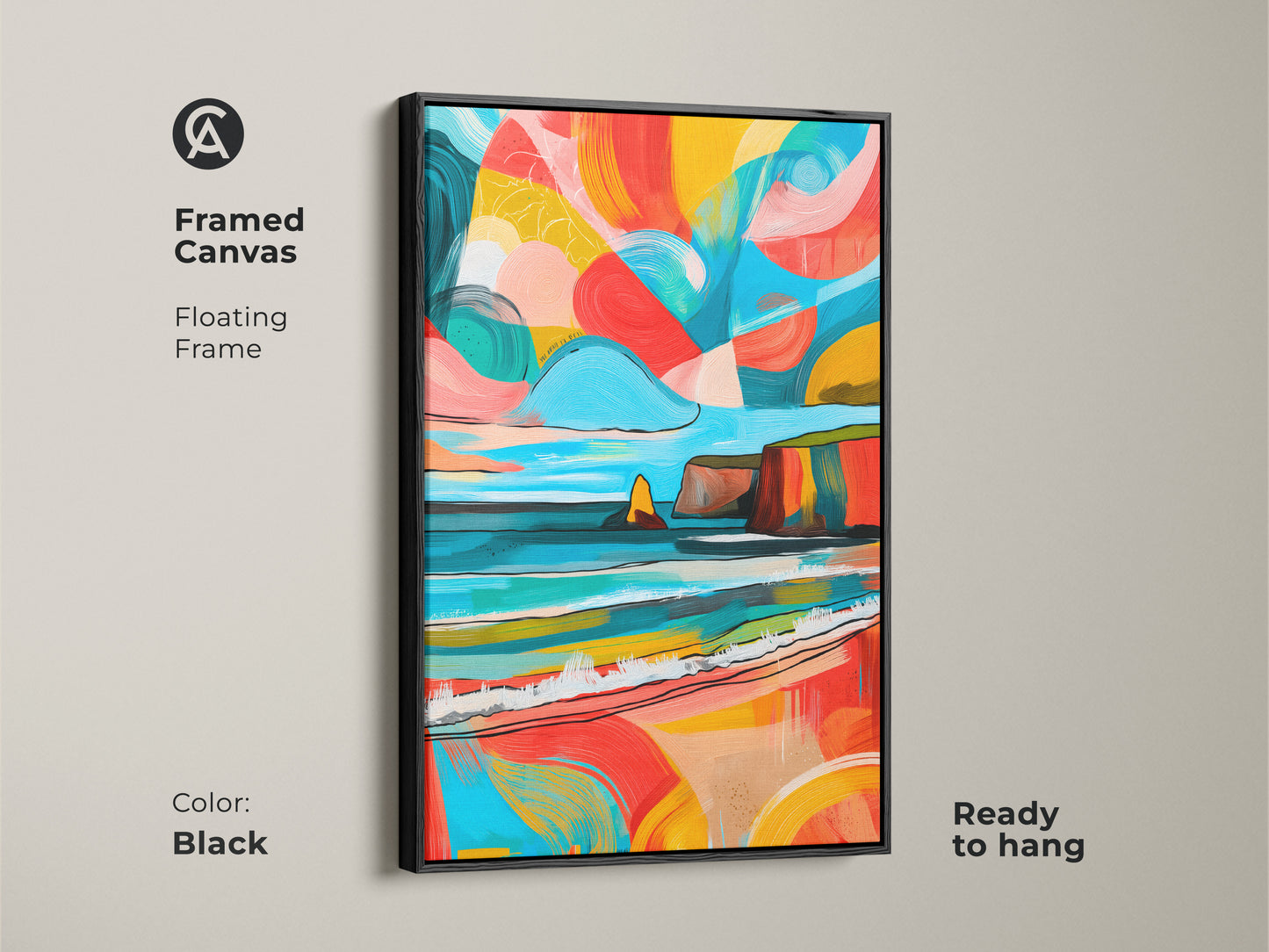 Framed canvas featuring abstract coastal art in a black floating frame. Ready to hang in your home. The vibrant teal yellow and coral evoke ocean waves and cliffs. This eclectic wall decor adds a modern touch. Great for coastal living rooms.