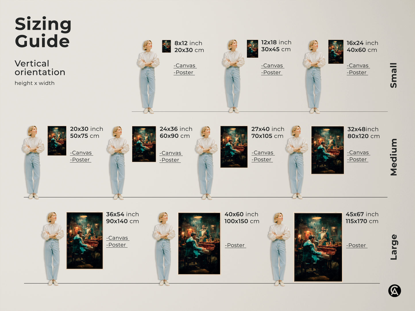 Find the perfect size for your space with our vertical orientation sizing guide. Visualize how the jazz club artwork will look in different dimensions. Available in canvas & poster formats. Easily choose the ideal size to complement your decor.