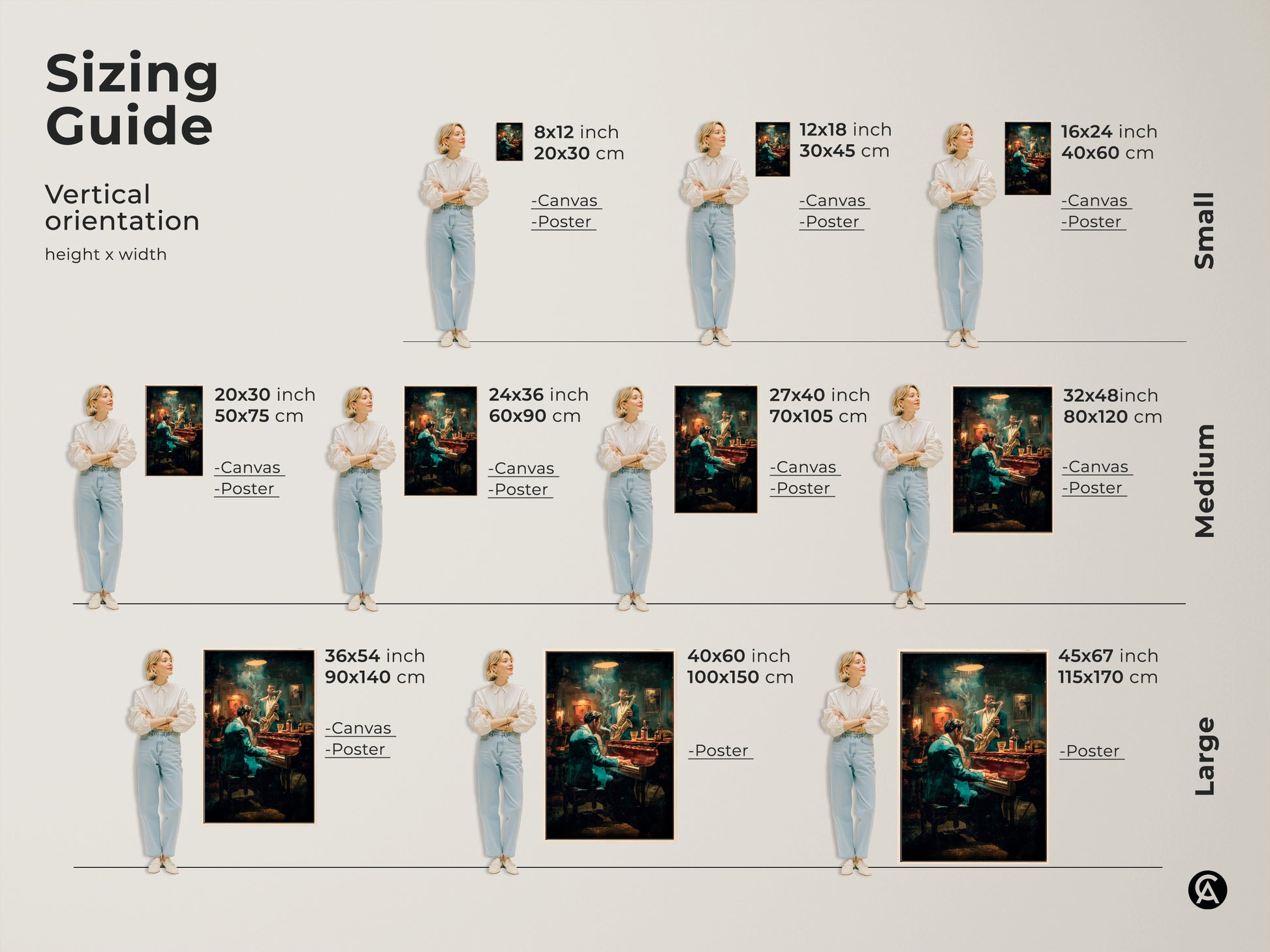 Find the perfect size for your space with our vertical orientation sizing guide. Visualize how the jazz club artwork will look in different dimensions. Available in canvas & poster formats. Easily choose the ideal size to complement your decor.