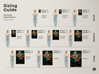 Find the perfect size for your space with our vertical orientation sizing guide. Visualize how the jazz club artwork will look in different dimensions. Available in canvas & poster formats. Easily choose the ideal size to complement your decor.