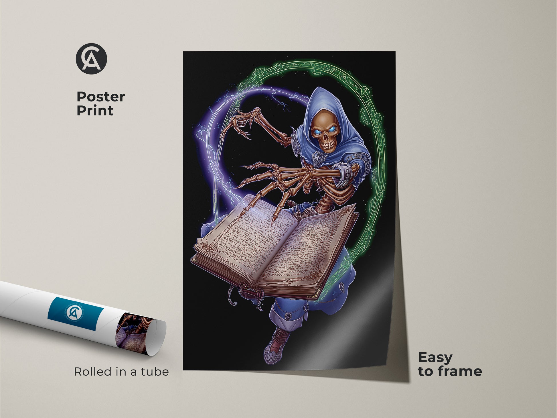 This poster print features a skeleton wizard. The dark fantasy artwork arrives rolled in a tube making it easy to frame. This gothic spellbook poster is ideal fantasy fan wall decor. The arcane wizard artwork enhances any room.