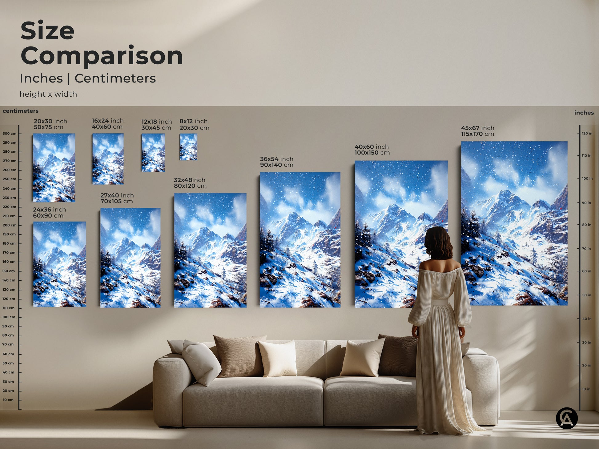 Size comparison of winter mountain landscape art prints. Inches and centimeters are listed. Blue and white snowy mountain range artwork above a couch gives a sense of scale. Perfect for rustic lodge home decor.