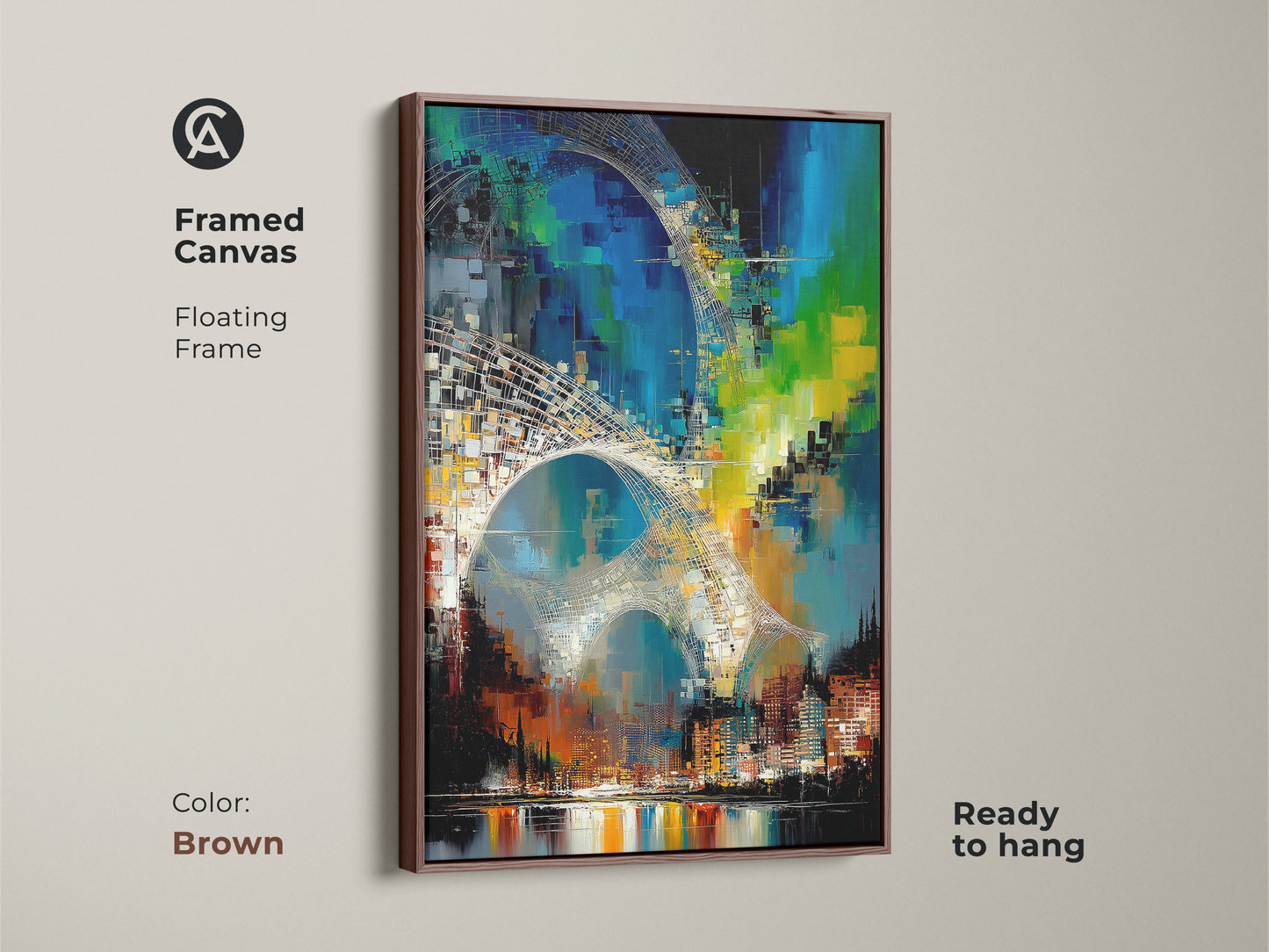 Framed canvas in brown. This modern abstract painting features a blue and green cityscape. The contemporary wall art brings a vibrant city view. This canvas print is perfect for modern homes. The abstract architecture art provides an excellent upscale urban decor option.
