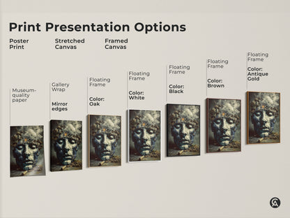 Print presentation options showcasing the surreal face canvas. Choose from poster print stretched or framed canvas. Various frame colors are available. Find the perfect match for your eclectic home decor.