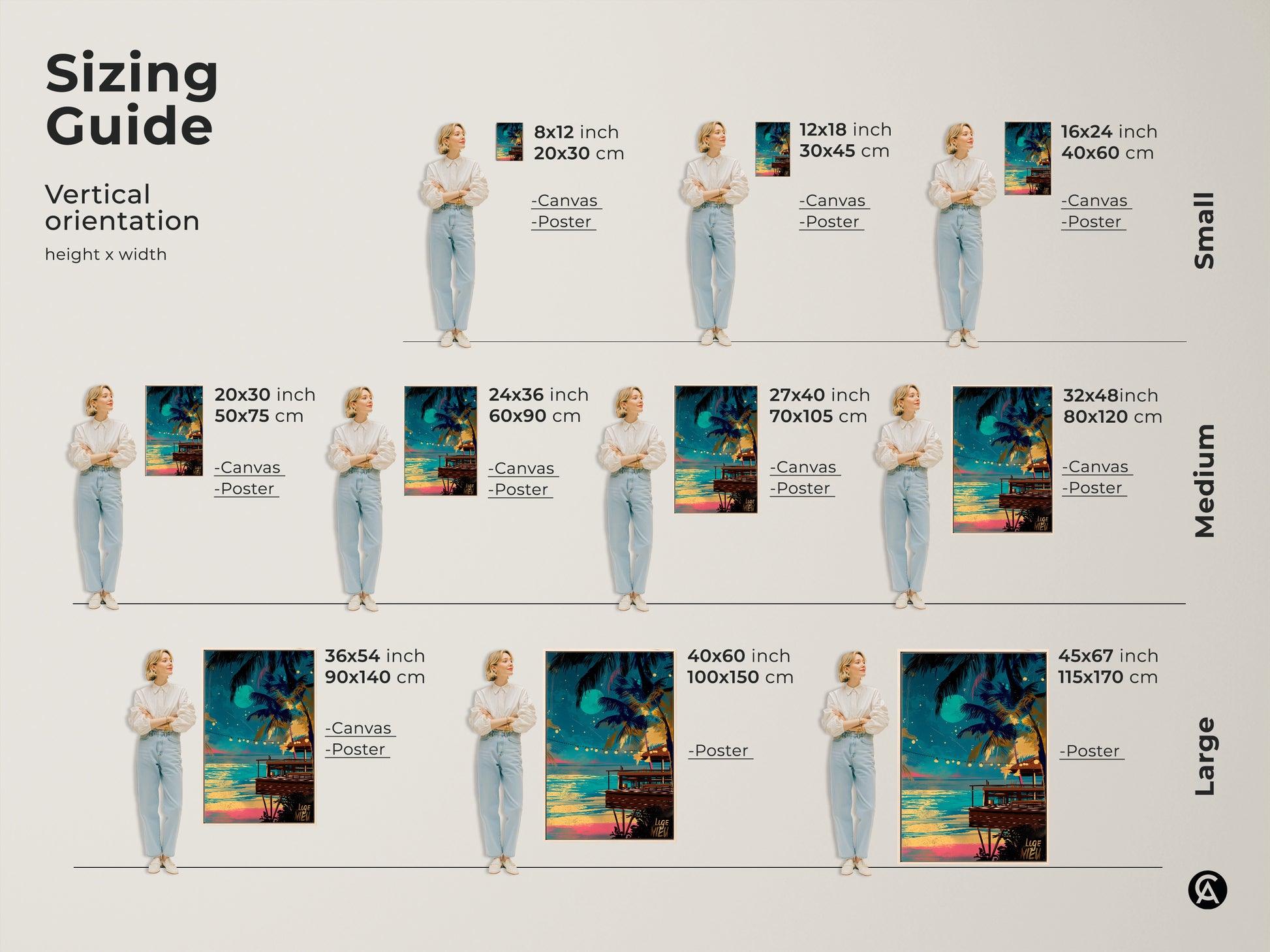 Size comparison of tropical beach bar canvas artwork. Various sizes are displayed in a living room setting. The artwork features a teal blue and yellow aesthetic. Dimensions range from small to large. Find the perfect fit for your boho coastal wall decor. This palm tree night scene print is ideal for any space.