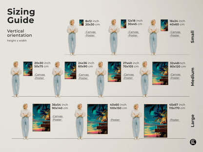 Size comparison of tropical beach bar canvas artwork. Various sizes are displayed in a living room setting. The artwork features a teal blue and yellow aesthetic. Dimensions range from small to large. Find the perfect fit for your boho coastal wall decor. This palm tree night scene print is ideal for any space.