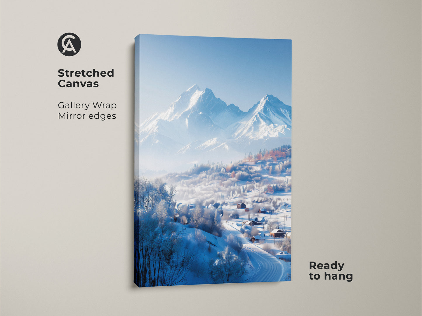 A vertical shot of a stretched canvas print. The gallery wrap showcases a winter mountain landscape. The artwork features snow-covered houses in a valley. Distant mountains complete this ready-to-hang piece.